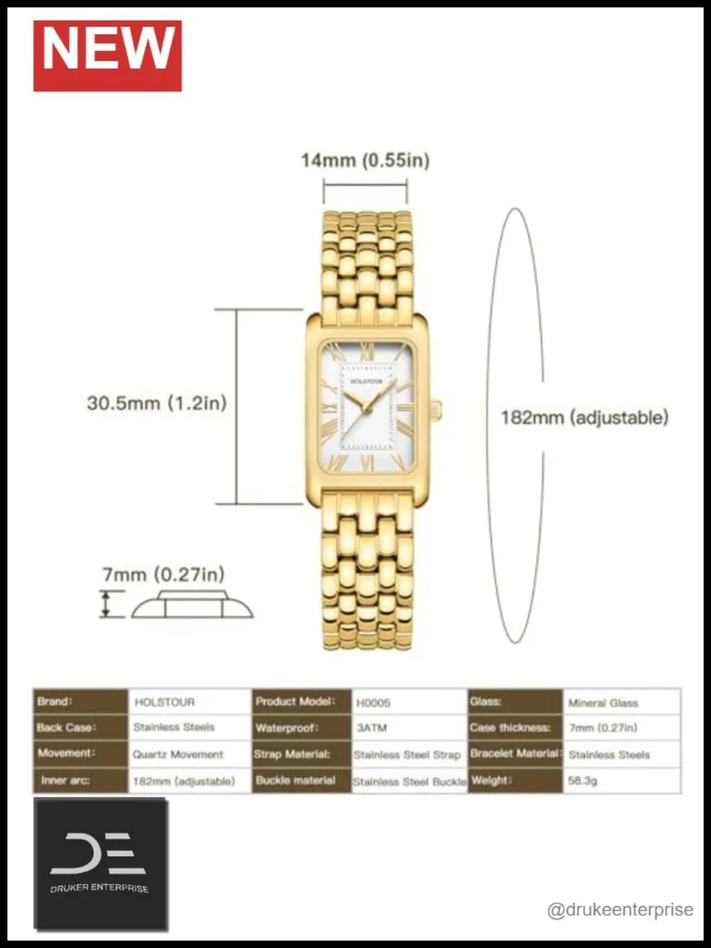 Vintage Rectangular Bracelet Watch with Roman Dial, Quartz Movement, Water